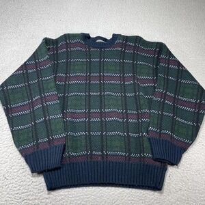 David Taylor Sweater Mens Medium Green Plaid Acrylic Knit Crewneck Pullover VTG